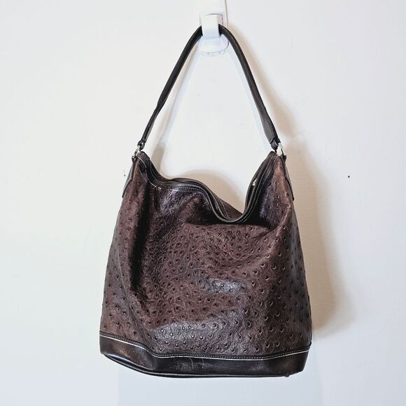 Longchamp Legende Hobo Brown Ostrich Embossed Bag Top Handle Carry Handbag - Picture 2 of 16